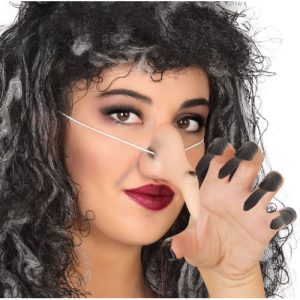 Unhas postiças pretas + nariz de bruxa